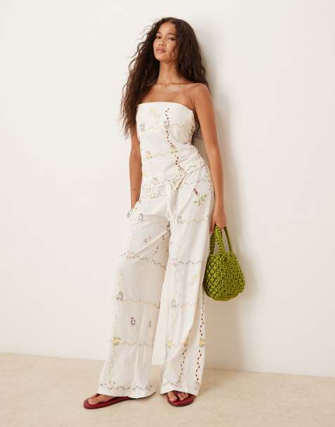 ASOS DESIGN wide leg floral embroidered trousers in white