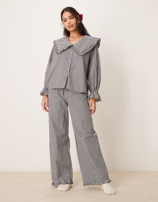 wide leg frill hem pajama pants in black gingham - part of a set-Multi