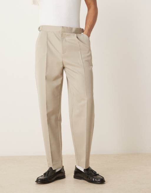 ASOS DESIGN wide leg front pleated dress pants with side adjusters in stone