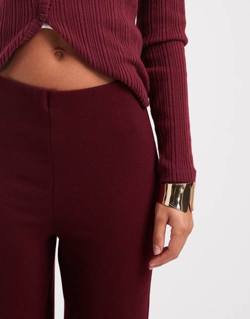 ASOS DESIGN wide leg heavyweight rib knit pants in burgundy, 2 of 5