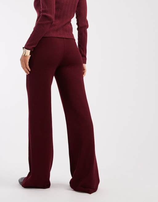 ASOS DESIGN wide leg heavyweight rib knit pants in burgundy, 3 of 5