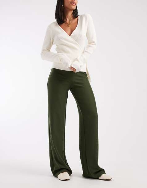 ASOS DESIGN wide leg heavyweight rib pants in olive - view 1