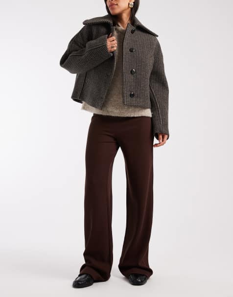 ASOS DESIGN wide leg heavyweight rib trouser in chocolate - view 1