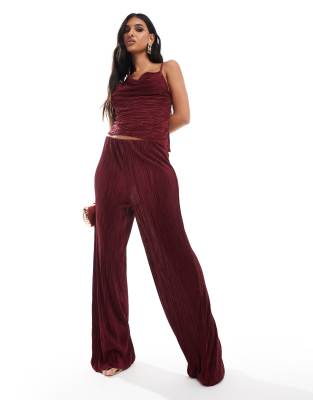Asos Design Wide Leg High Waist Plisse Pants In Burgundy - Part Of A Set-red