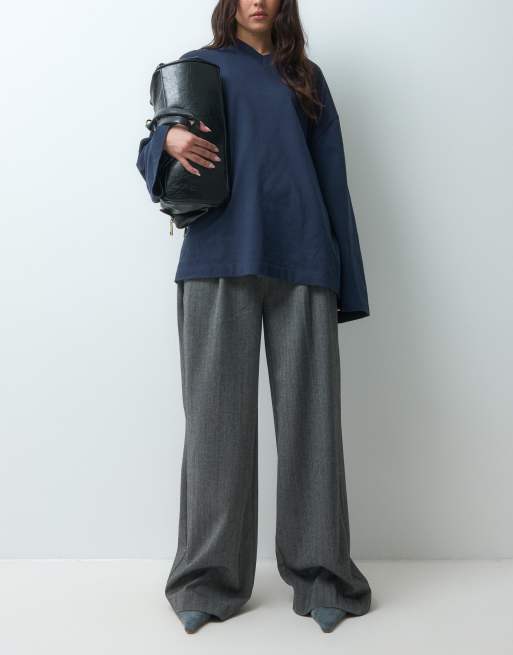 ASOS DESIGN Wide-Leg-Hose mit schmal zulaufendem Bein in Grau mit Fischgrätmuster, 2 von 5