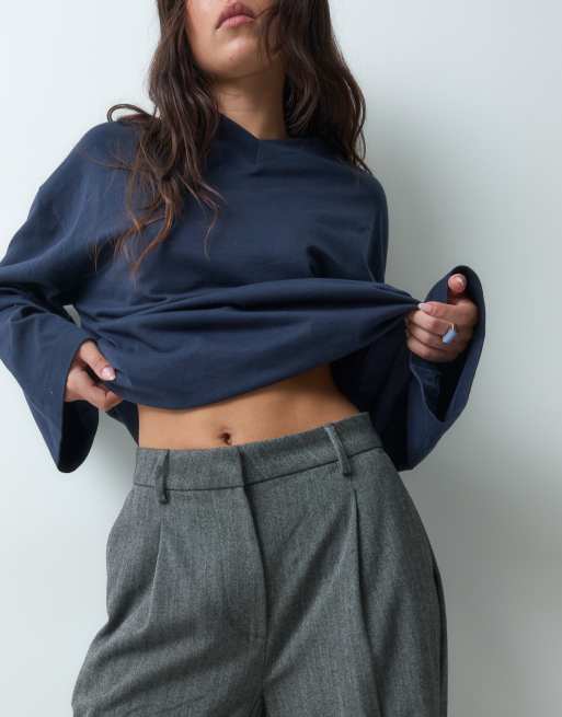 ASOS DESIGN Wide-Leg-Hose mit schmal zulaufendem Bein in Grau mit Fischgrätmuster, 3 von 5