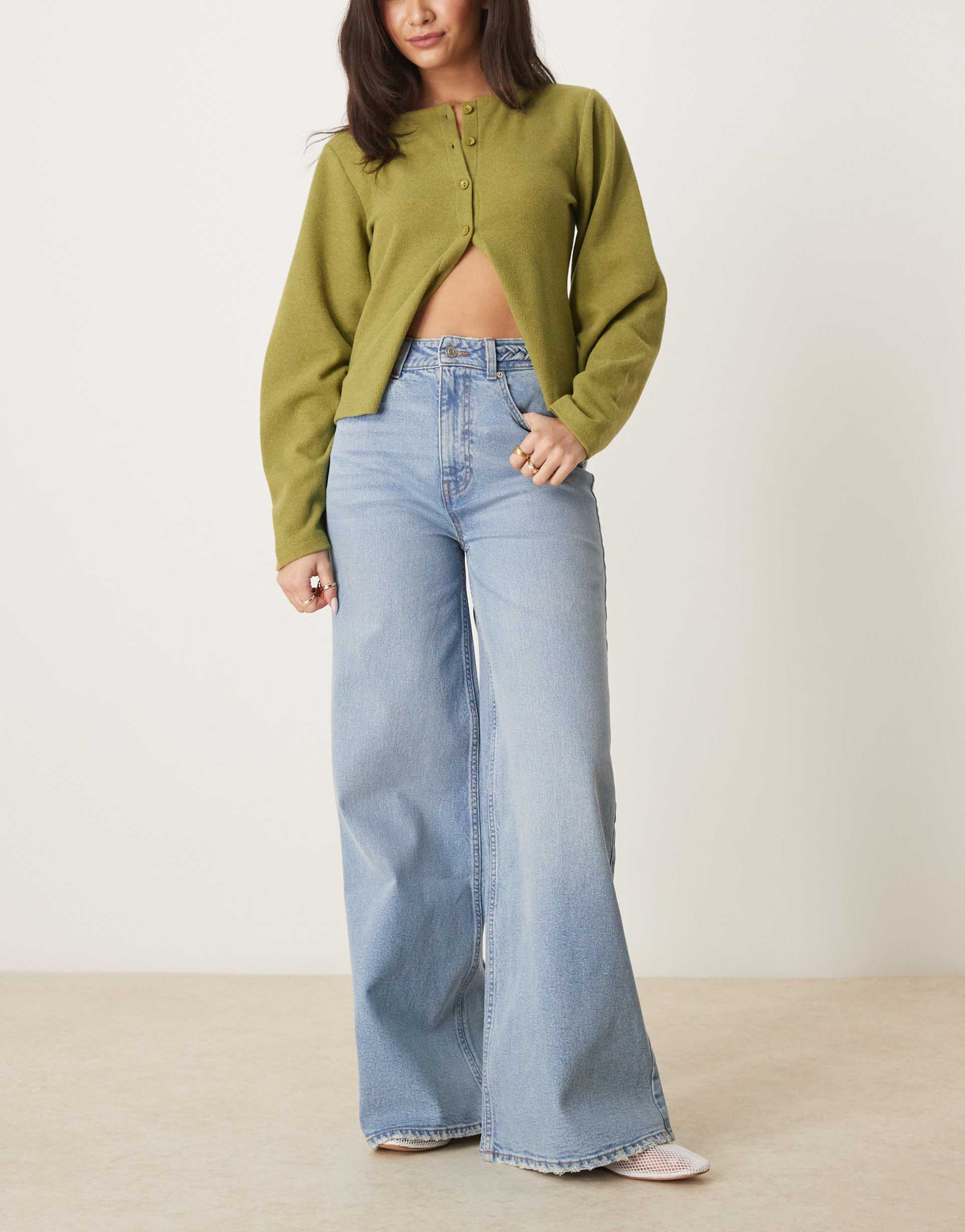 asos design wide leg jean with braided waist in midwash