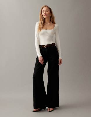 Asos Design Wide Leg Jean With Crease Front And Belt In Black