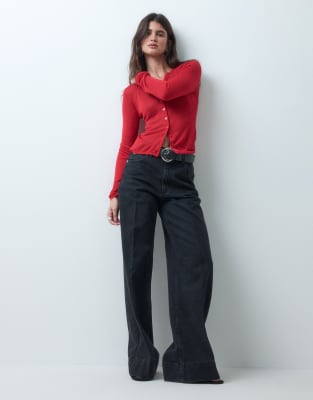 Asos Design Wide Leg Jean With Crease Front And Belt In Black