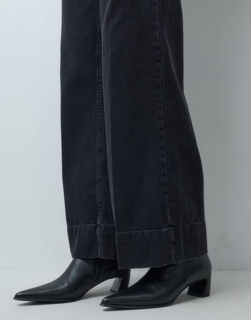 ASOS DESIGN wide leg jean with crease front and belt in black, 3 of 5