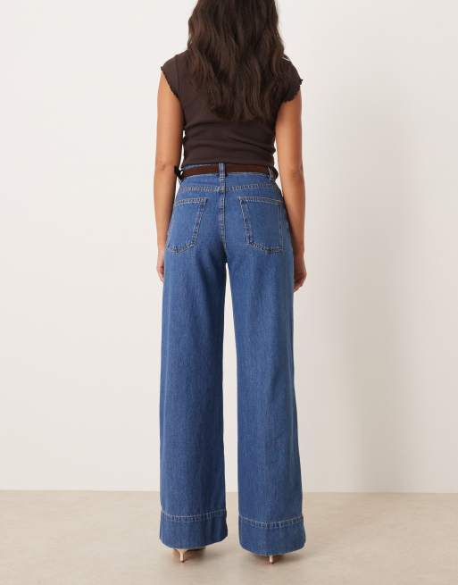 ASOS DESIGN wide leg jean with crease front and belt in dark mid wash, 2 of 5