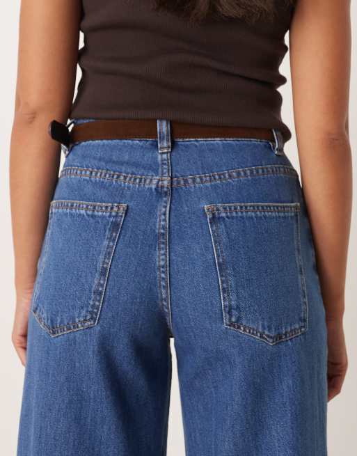 ASOS DESIGN wide leg jean with crease front and belt in dark mid wash, 4 of 5