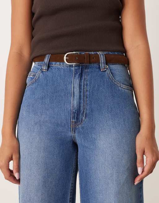 ASOS DESIGN wide leg jean with crease front and belt in dark mid wash, 5 of 5