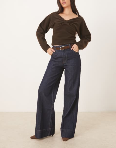 ASOS DESIGN wide leg jean with crease front and belt in rinse