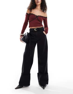 Asos Design Wide Leg Jean With High Turn Up In Dark Gray