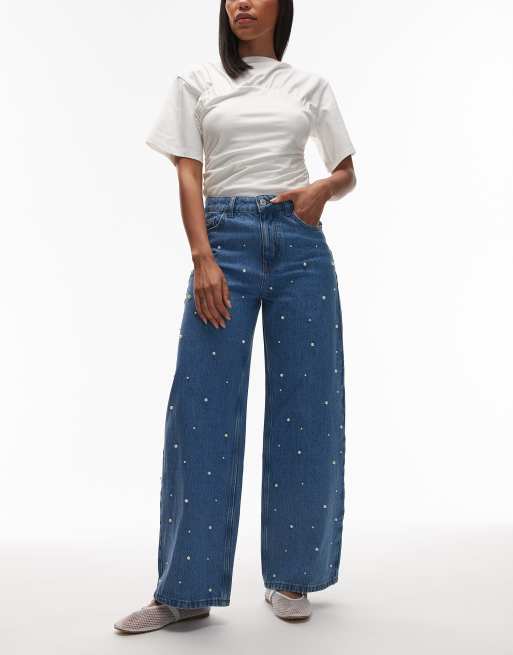 ASOS DESIGN wide leg jean with hotfix studs in indigo