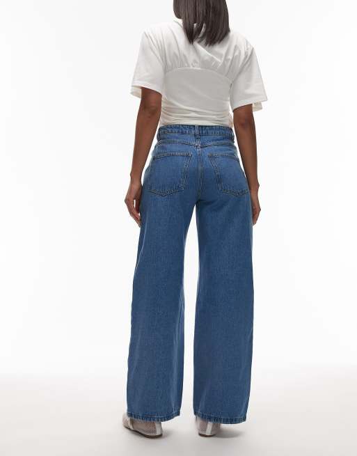 ASOS DESIGN wide leg jean with pearl detail in mid blue, 2 of 5