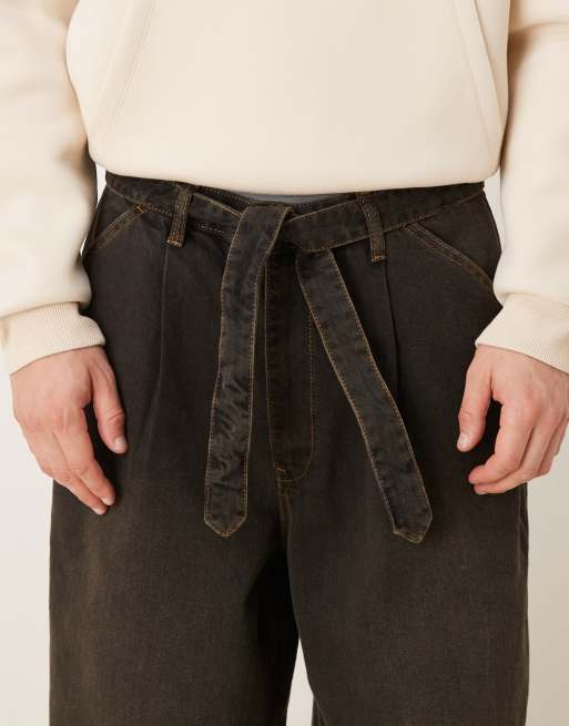 ASOS DESIGN wide leg jeans in brown wash with pleats and belt