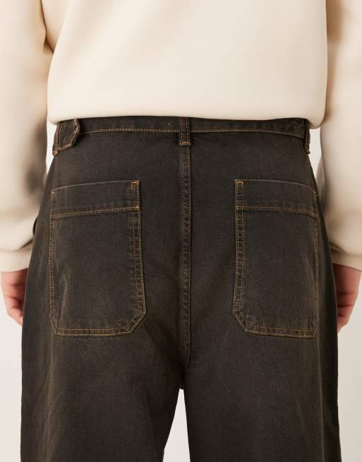 ASOS DESIGN wide leg jeans in brown wash with pleats and belt