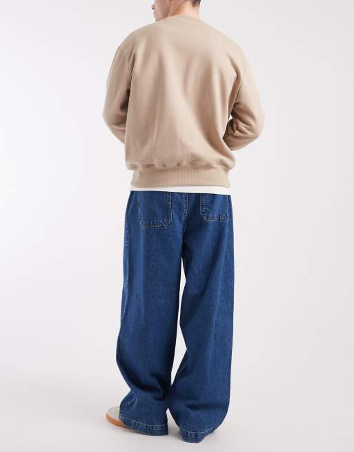 ASOS DESIGN wide leg jeans in mid wash blue with pleats and belt, 2 of 5