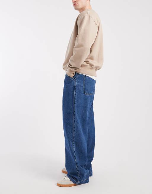 ASOS DESIGN wide leg jeans in mid wash blue with pleats and belt, 3 of 5