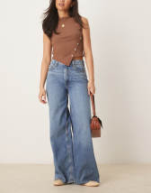 ASOS DESIGN soft wide leg jeans with linen in dark mid blue
