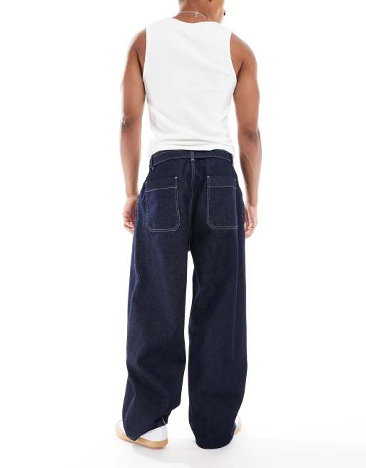 ASOS DESIGN wide leg jeans in raw wash with pleats and belt , 2 of 5