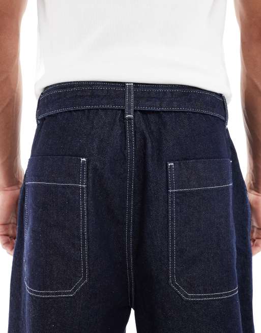 ASOS DESIGN wide leg jeans in raw wash with pleats and belt , 4 of 5