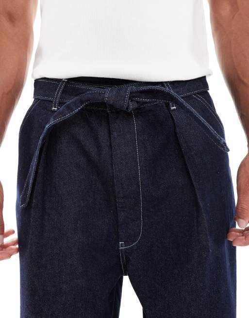 ASOS DESIGN wide leg jeans in raw wash with pleats and belt , 5 of 5