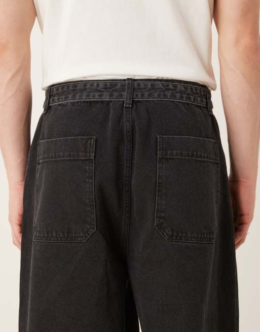 ASOS DESIGN wide leg jeans in washed black with pleats and belt, 4 of 5