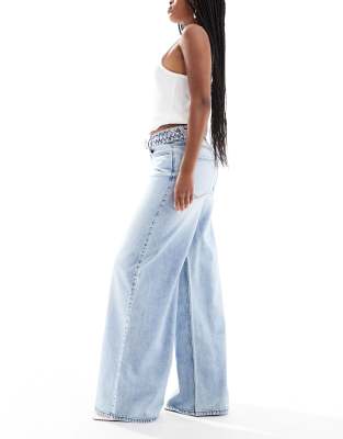 Asos Design Wide Leg Jeans With Braided Belt In Blue