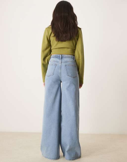 ASOS DESIGN wide leg jeans with braided waist in midwash, 2 of 5