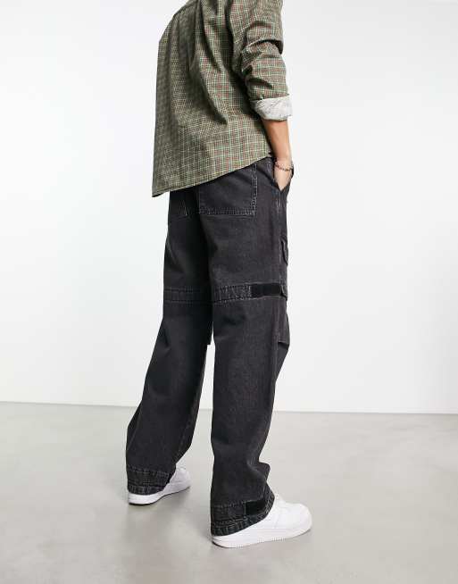 Washed Black Cargo Pocket Detail Wide Leg Jeans