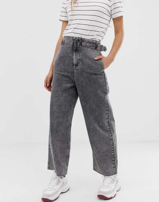 ASOS DESIGN wide leg jeans with cinch waist detail in dark charcoal ...