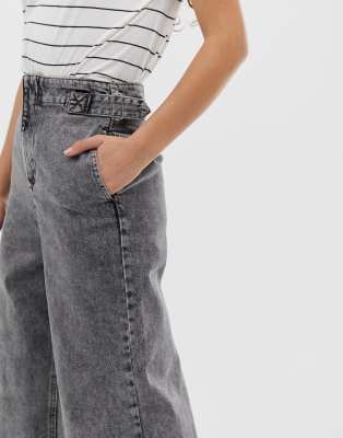 ASOS DESIGN wide leg jeans with cinch waist detail in dark charcoal acid  wash