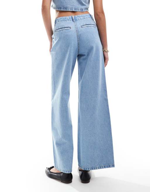ASOS DESIGN wide leg jeans with clean waistband in midwash blue 