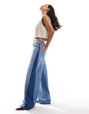 wide leg jeans with contrast side panel in mid blue