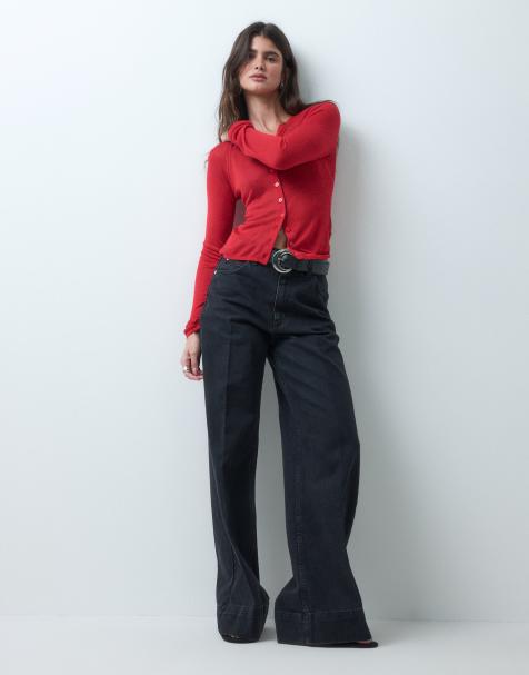 ASOS DESIGN wide leg jeans with crease front and belt in black - view 1