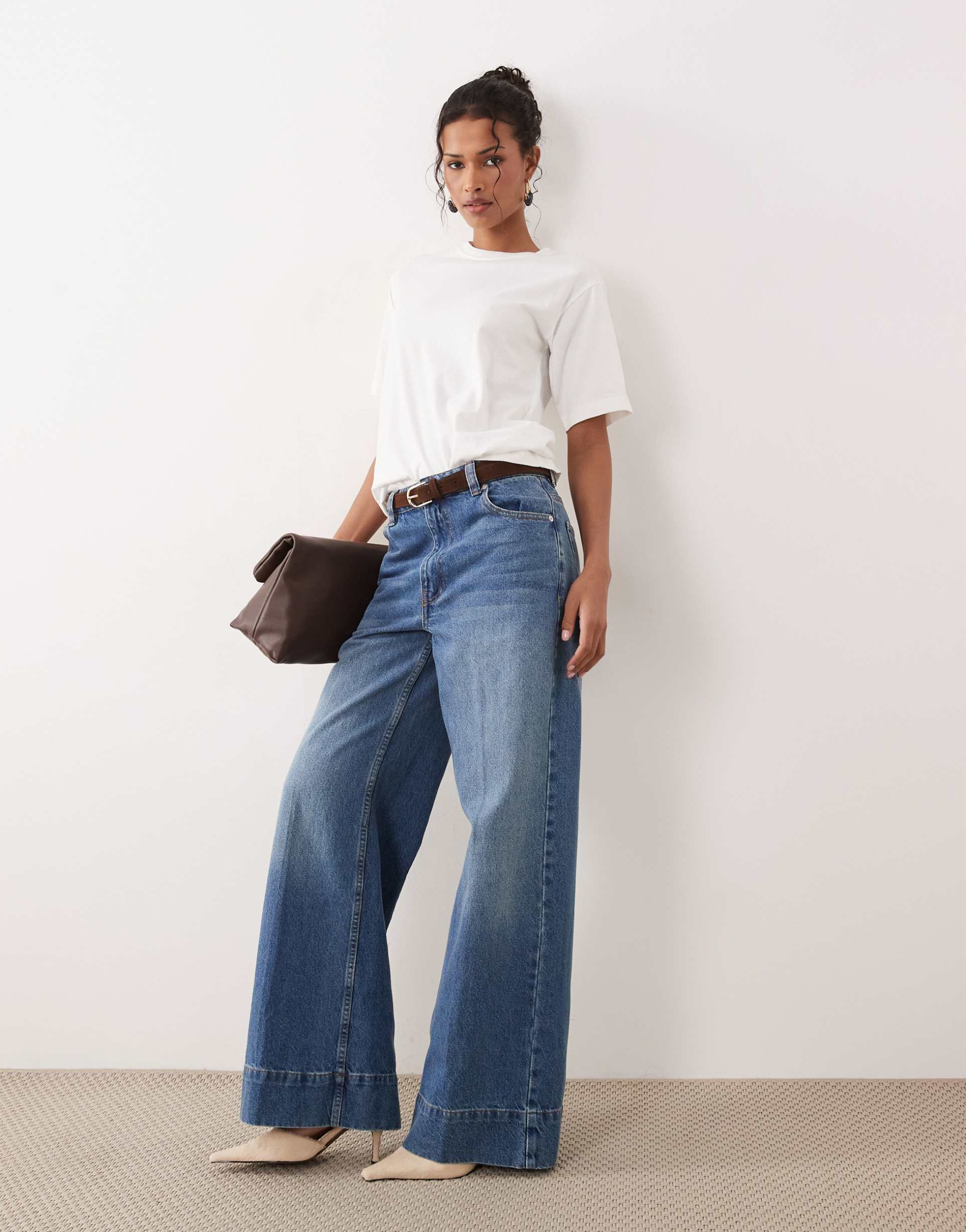 asos design wide leg jeans with crease front and belt in lightwash