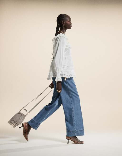 ASOS DESIGN wide leg jeans with crease front in dark mid blue