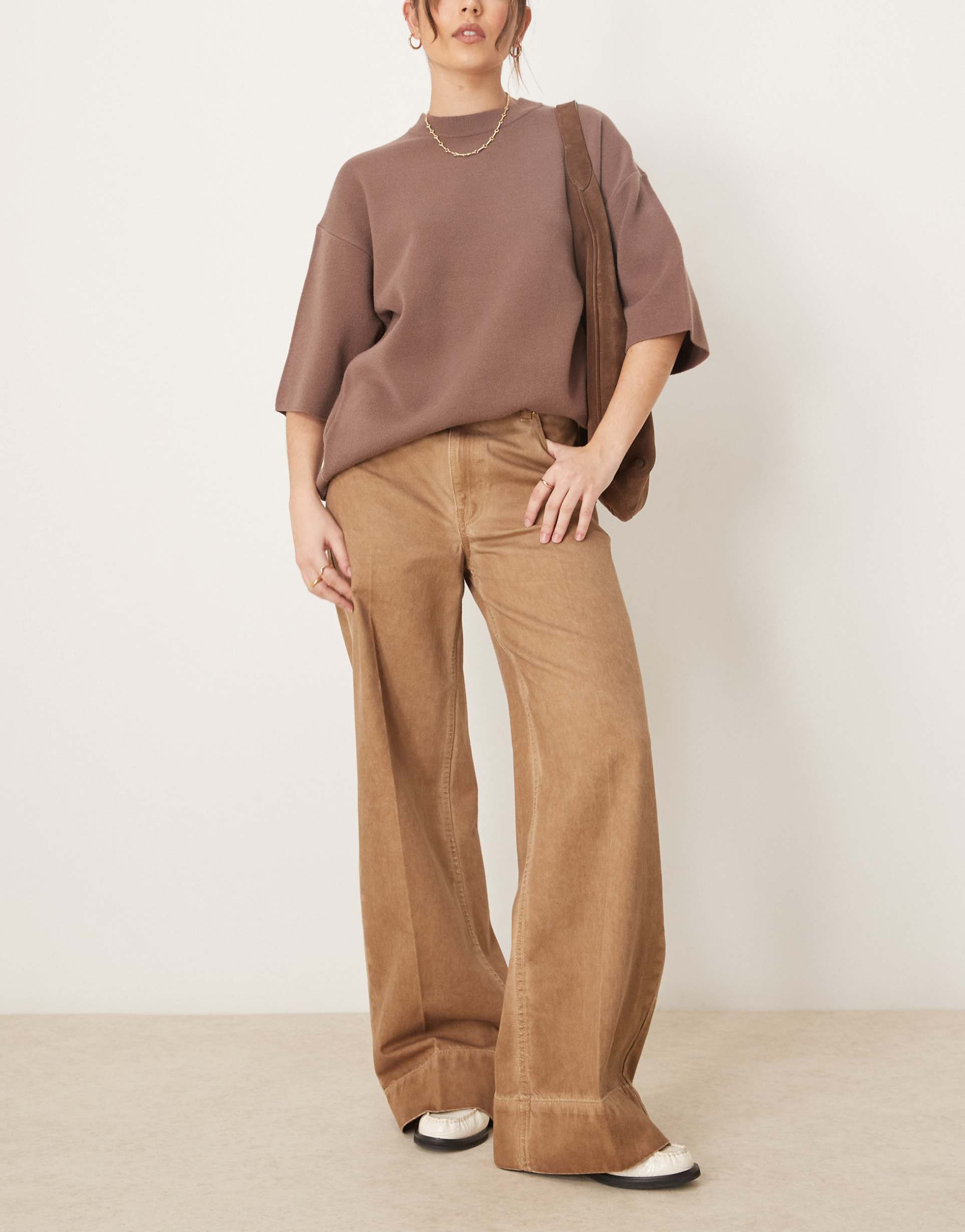 asos design wide leg jeans with crease front in manuka