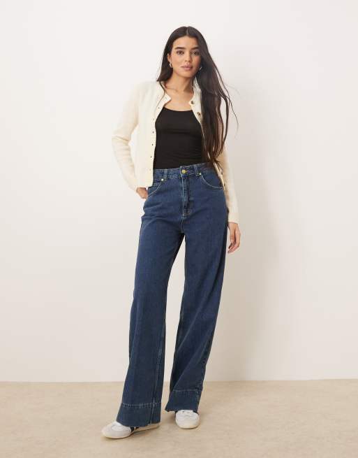 ASOS DESIGN wide leg jeans with deep hem in midwash (part of a set)