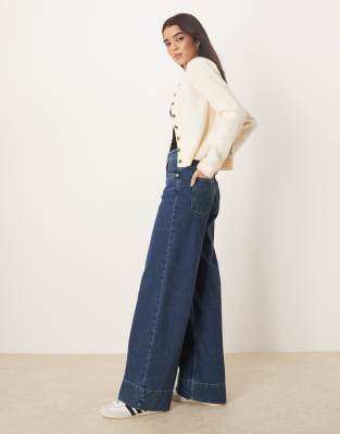 Asos Design Wide Leg Jeans With Deep Hem In Blue