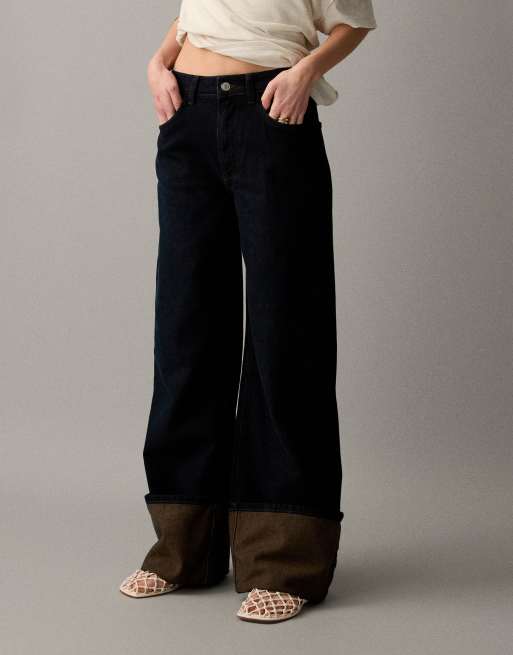 ASOS DESIGN wide leg jeans with extreme cuffed hems in indigo with brown tint, 2 of 7