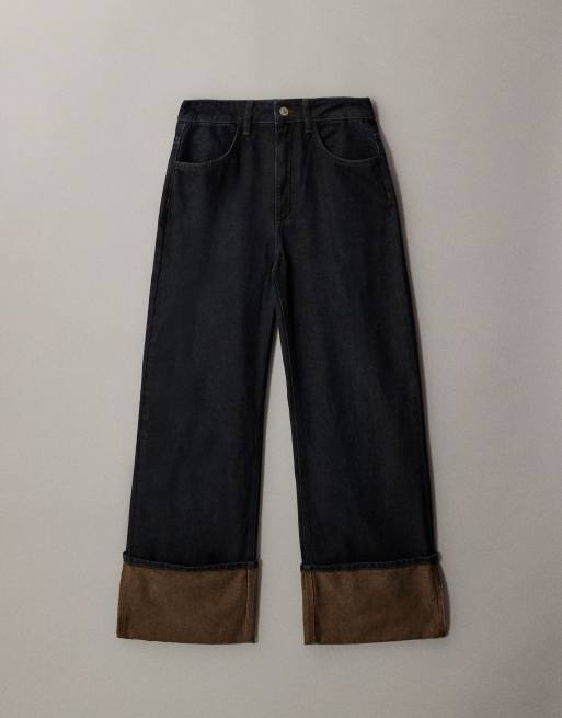 ASOS DESIGN wide leg jeans with extreme cuffed hems in indigo with brown tint, 5 of 7