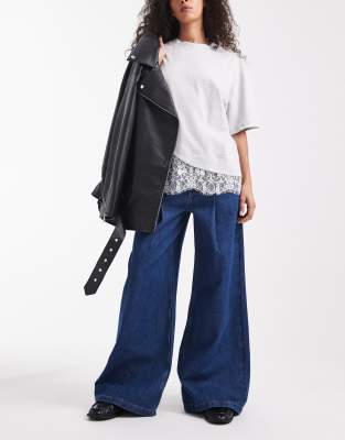 Asos Design Wide Leg Jeans With Front Pleats In Blue