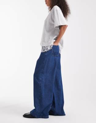 Asos Design Wide Leg Jeans With Front Pleats In Blue