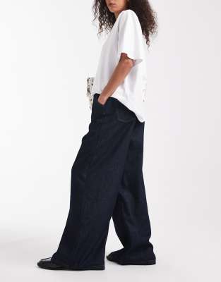 Asos Design Wide Leg Jeans With Front Pleats In Blue