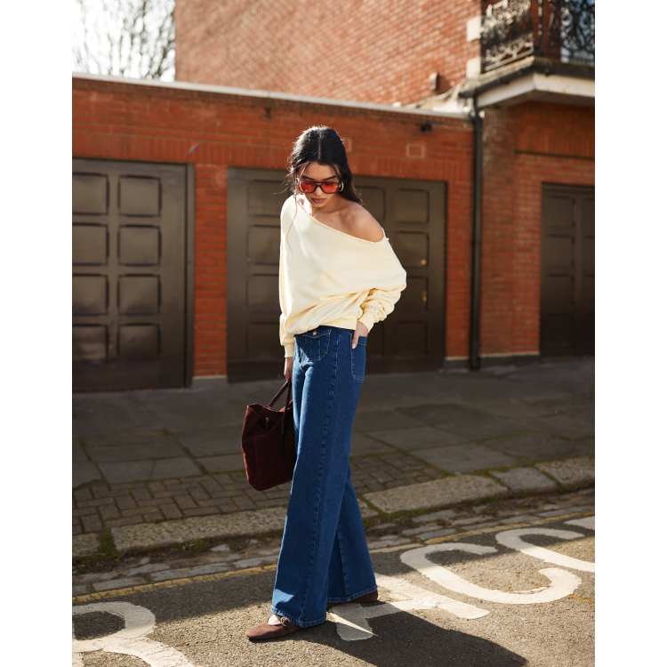 ASOS DESIGN wide leg jeans with front pockets in dark mid blue | ASOS