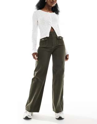 wide leg jeans with front pockets in khaki-Brown